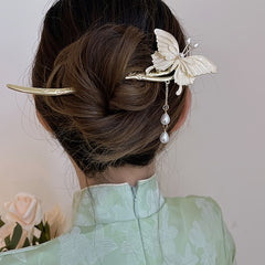 Chinese Vintage Butterfly Tassel Faux Pearl Hairpin Hanfu Antique Metal