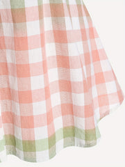  Colorblock Gingham Button Up Peplum Blouse
