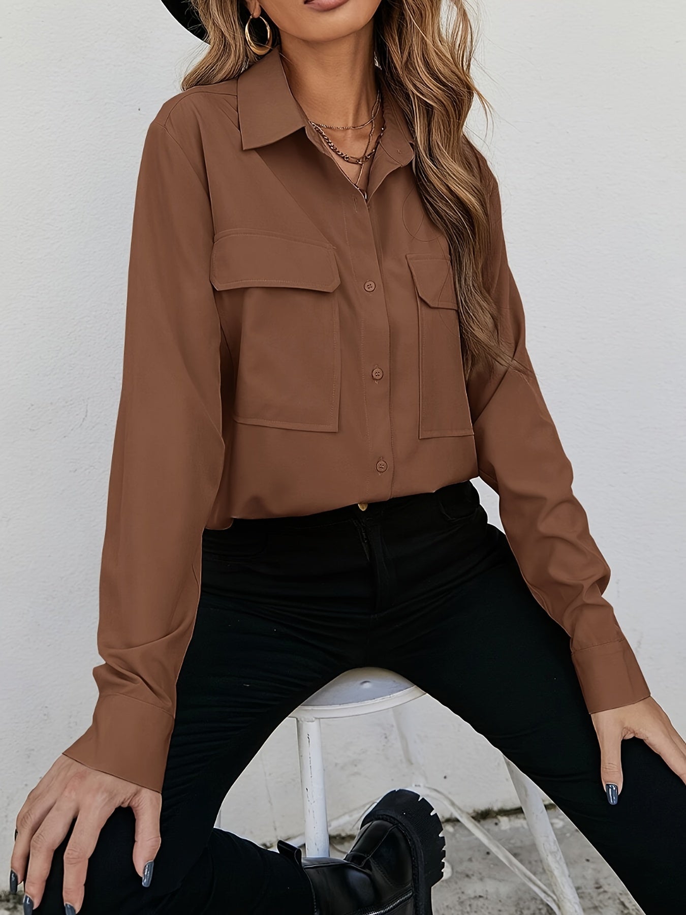 Solid Long Sleeve Button Up Collar Shirt Top