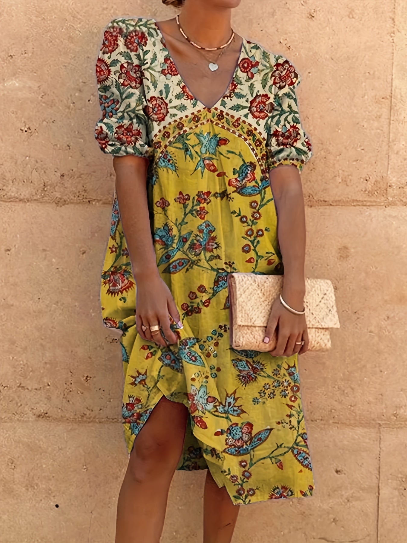  Floral Print V Neck Midi Dress