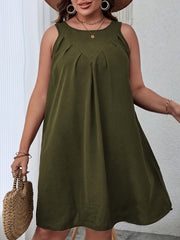  Solid Pleated Round Neck Mini Tank Dress