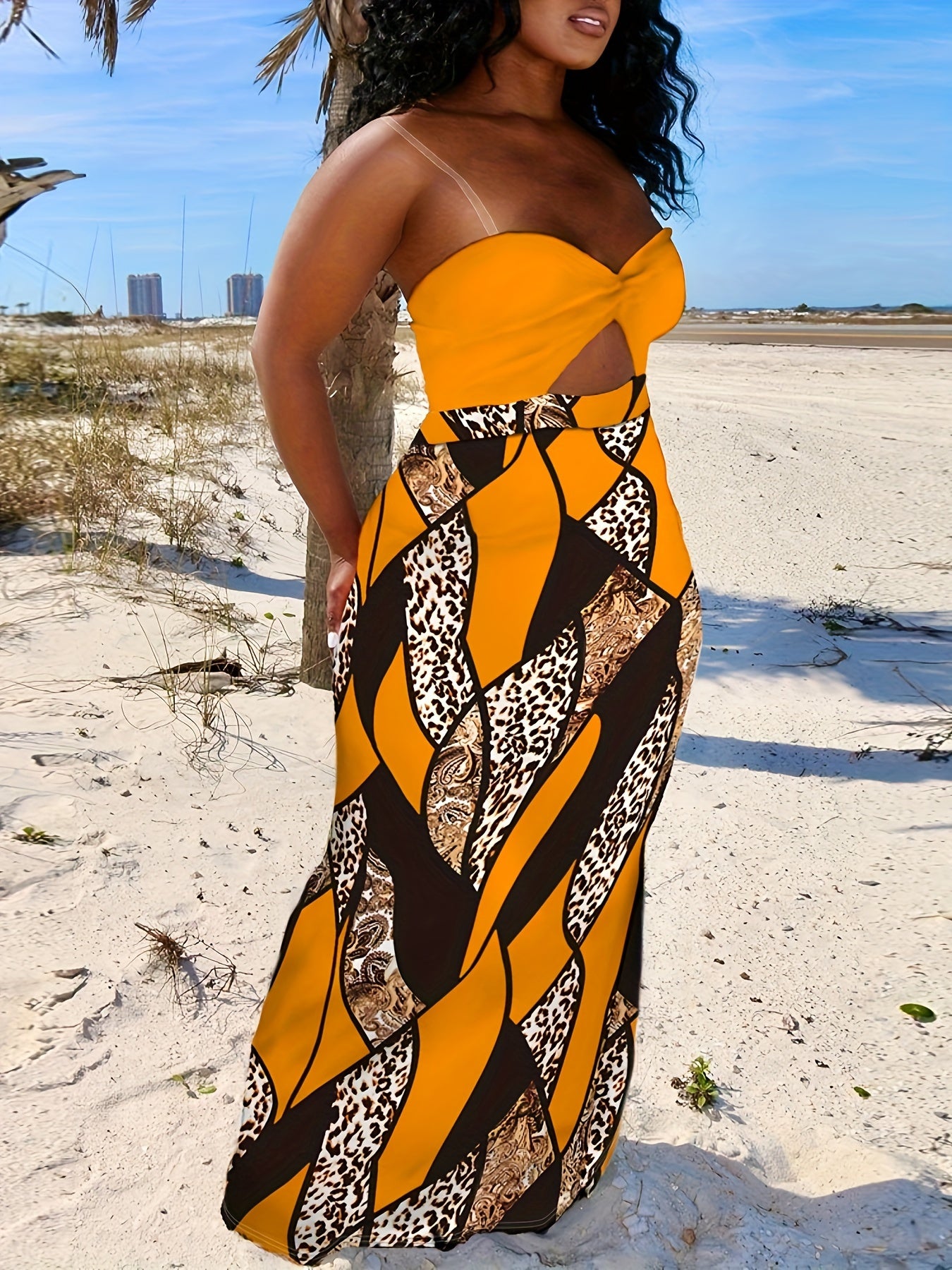  Colorblock Leopard & Paisley Print Tube Dress