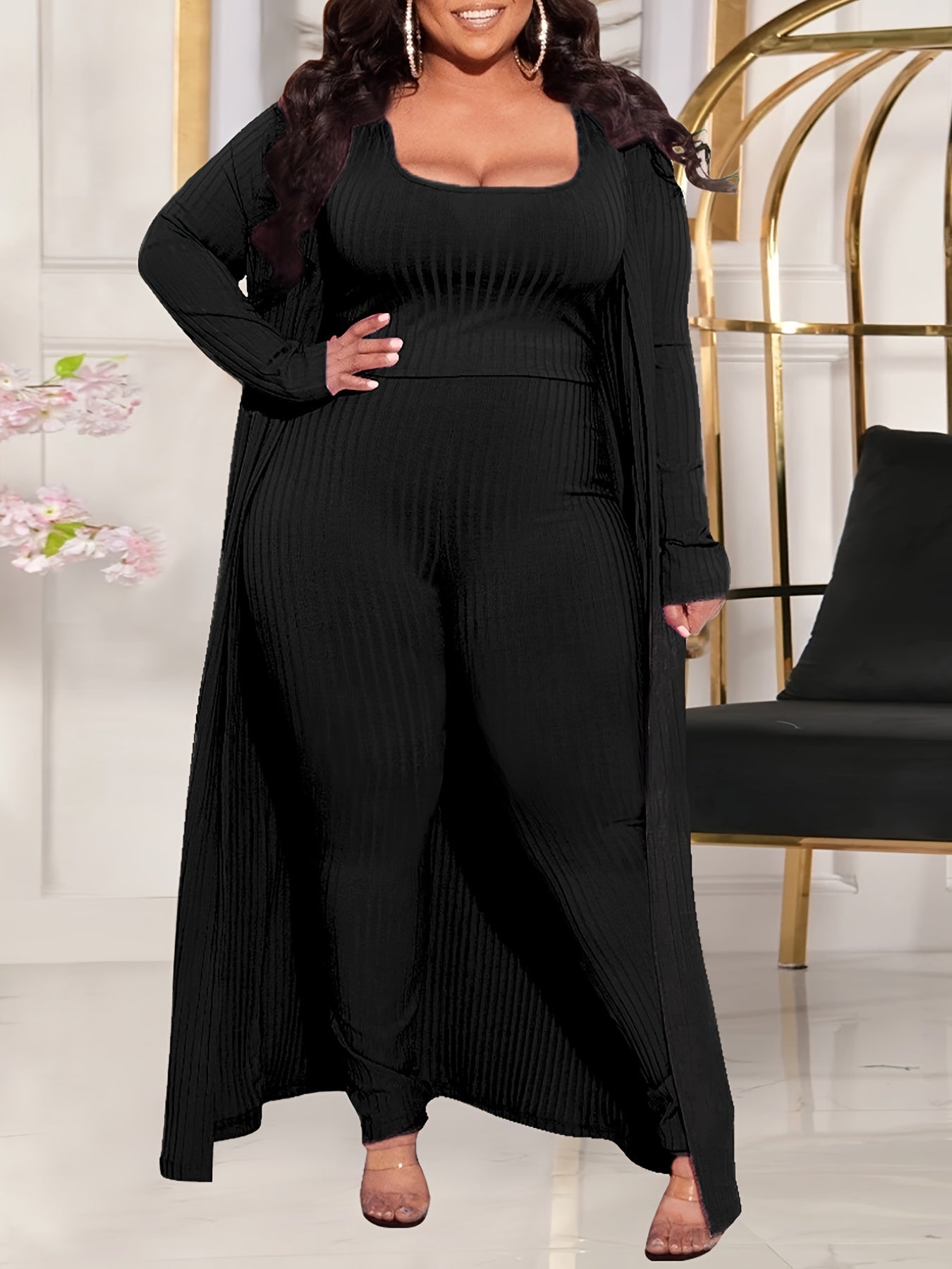  Ribbed Cardigan & Top & Pants Set