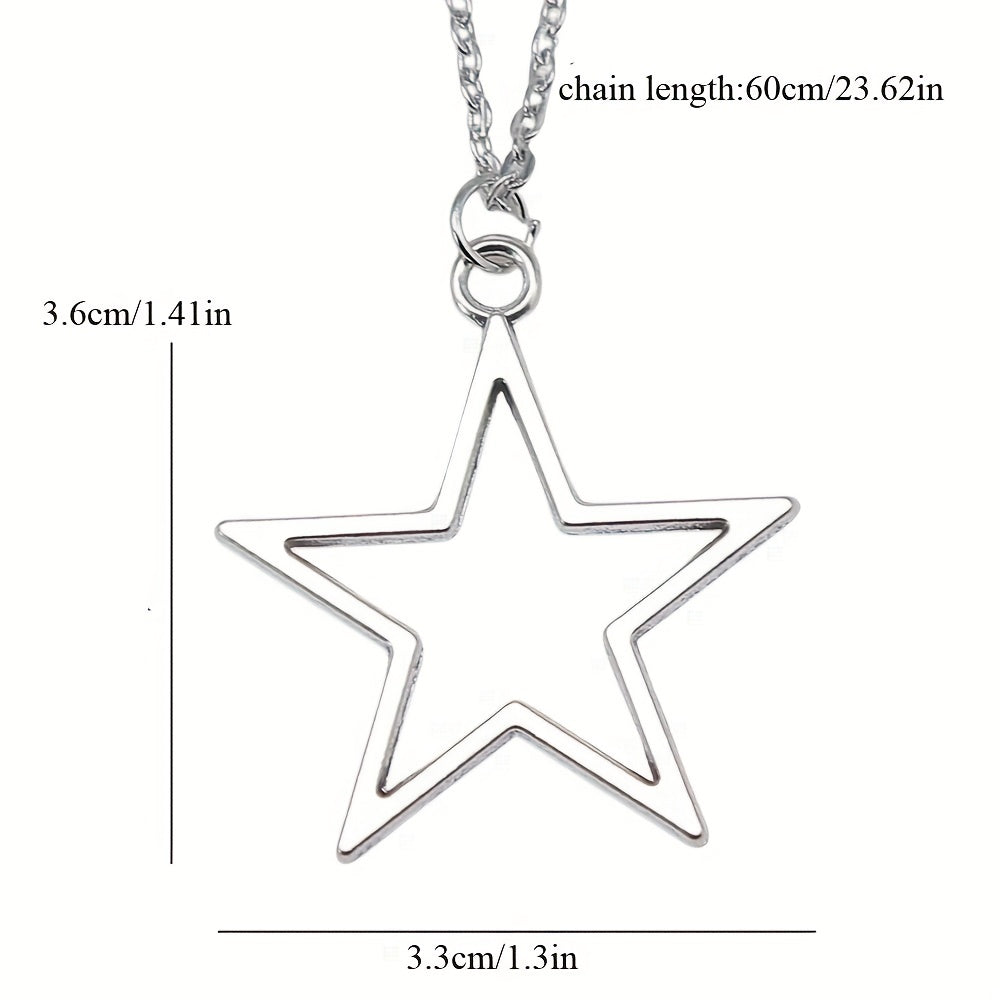 Silver Big Star Pendant Necklace 36x33mm Hollow Pentagram Geometric Chain