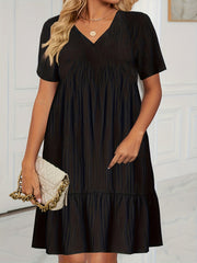  Solid Ribbed V Neck Smock Dress