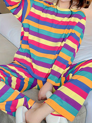 Rainbow Stripe Pajama Set Long Sleeve Top & Lounge Pants Women's Sleepwear