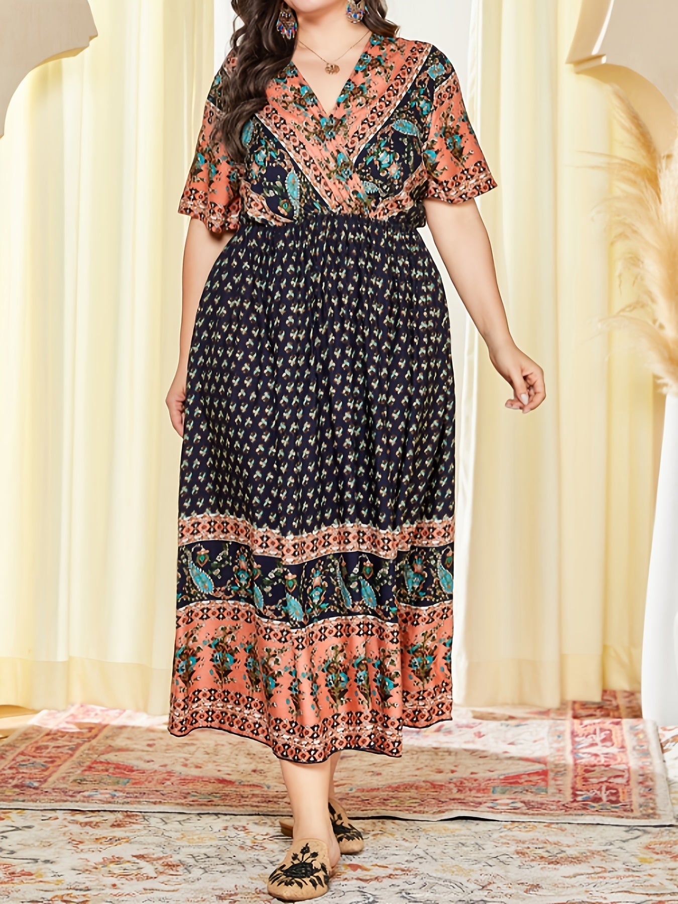  Paisley Floral Print V Neck Maxi Kaftan Dress