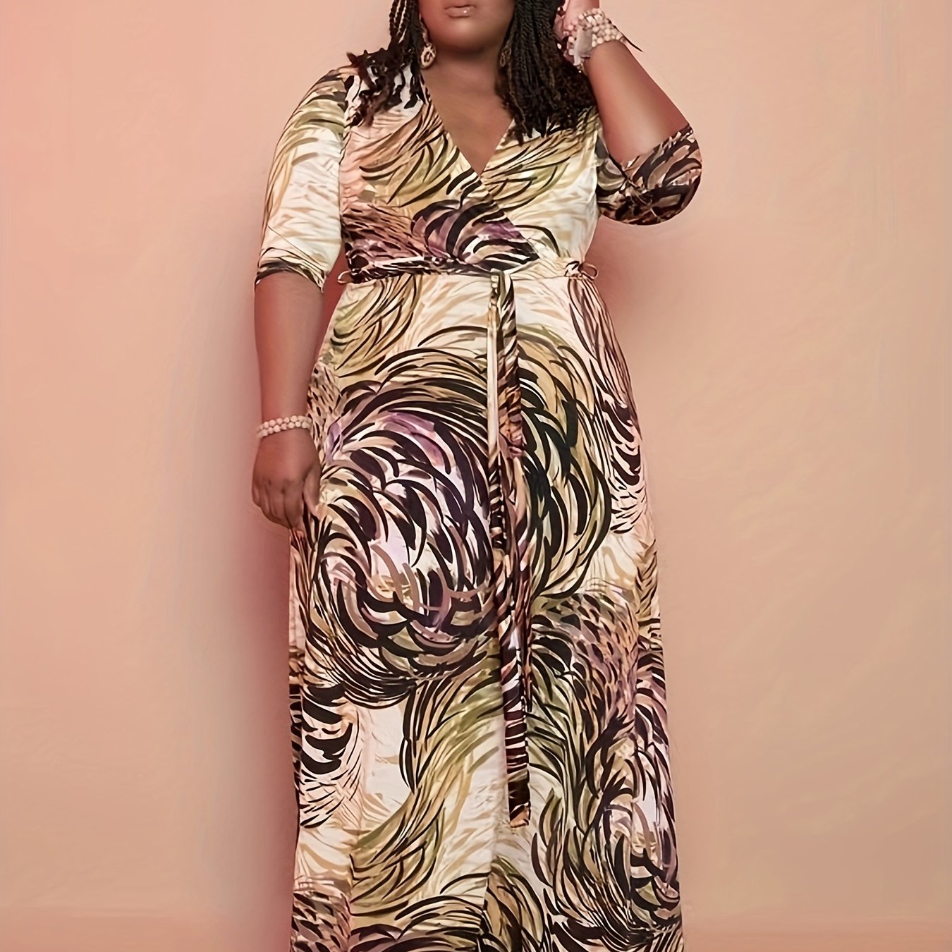  Casual Maxi Dress Allover Print Surplice Neck High Stretch