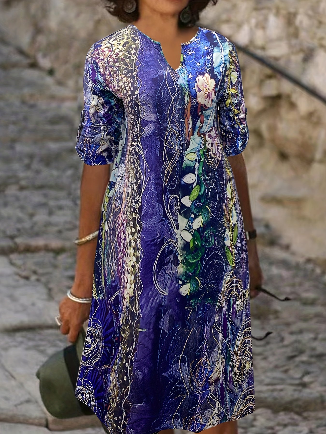  Floral Print Short Sleeve Notched Neck Dress