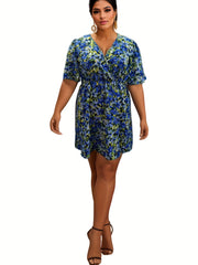  Floral Print Short Sleeve Surplice Neck Mini Dress