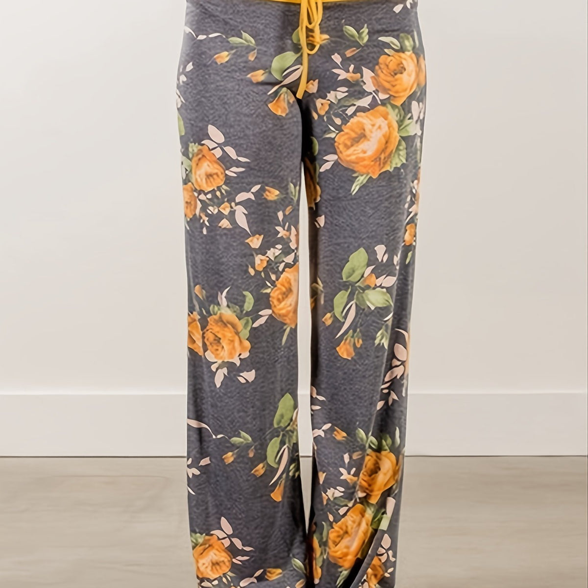 Floral Print High Rise Drawstring Long Pants Plus Size