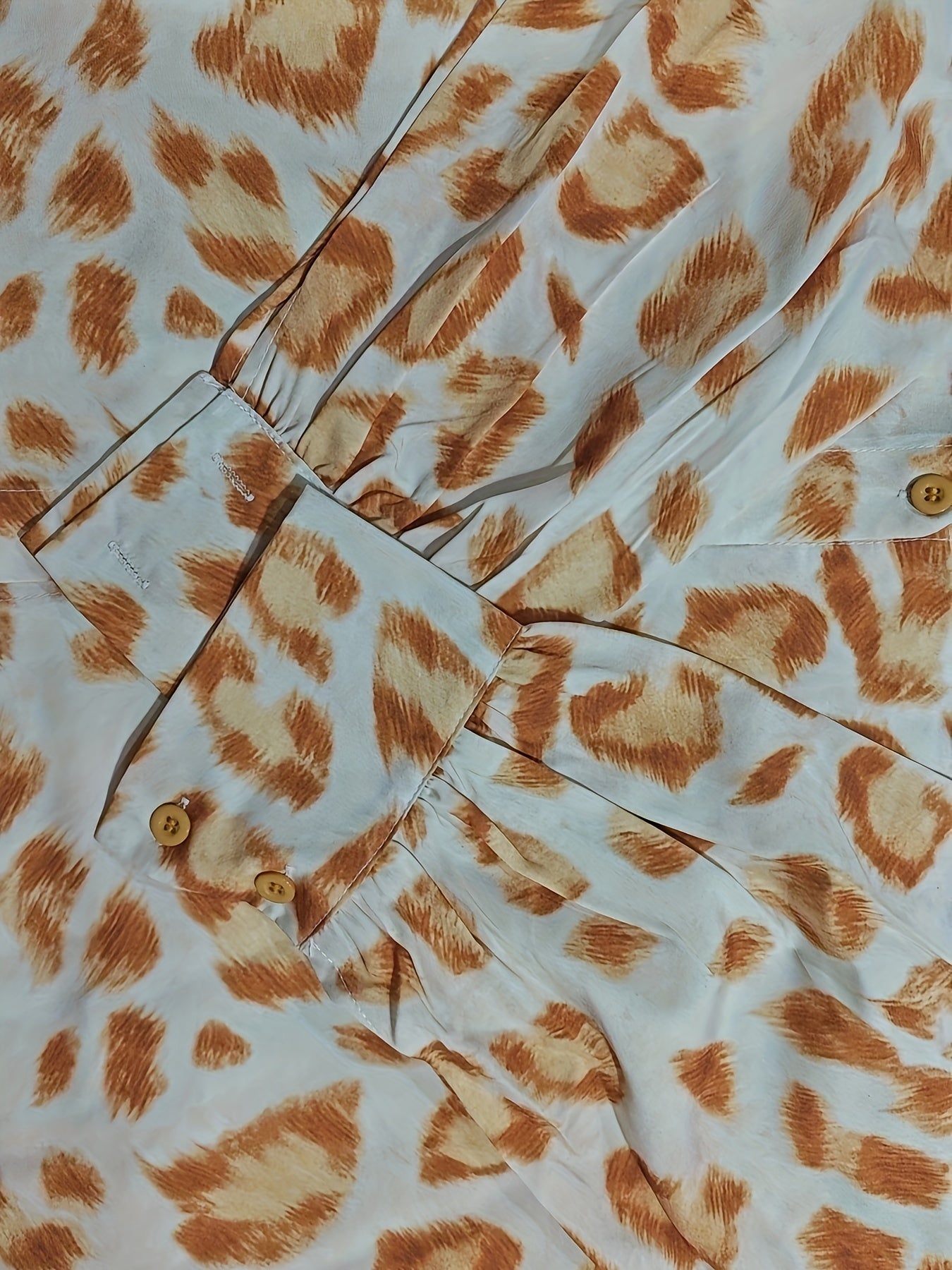  Leopard Print Button Up Long Sleeve Mock Neck Blouse