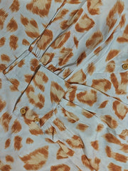  Leopard Print Button Up Long Sleeve Mock Neck Blouse