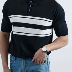 Striped Pattern Knit Short Sleeves Polo Shirt Men's Casual Lapel High Stretch