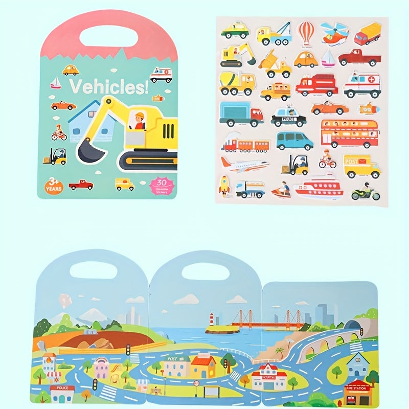 Reusable Waterproof Sticker Book Kids Double Sided Dinosaurs Animals & Vehicles