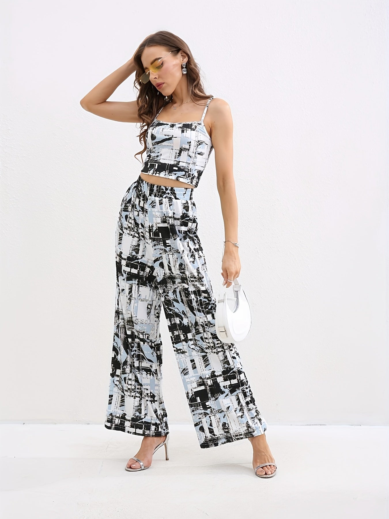 Geo Print Set Spaghetti Strap Top & Wide Leg Pants Outfit