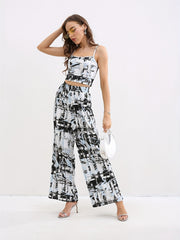 Geo Print Set Spaghetti Strap Top & Wide Leg Pants Outfit