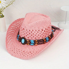 Turquoise Chain Cowboy Hat Wide Brim Travel Beach Sun Hats for Women