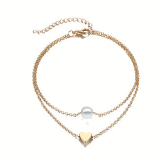 Heart Beads Chain Anklet Double Layered Faux Pearl Ankle Chain