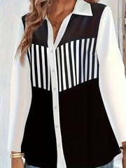  Colorblock Stripe Print Long Sleeve Blouse