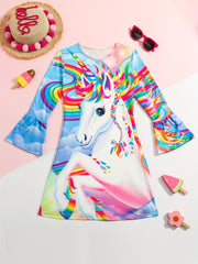 Lovely Unicorn Rainbow Print Long Sleeve Dress for Girls