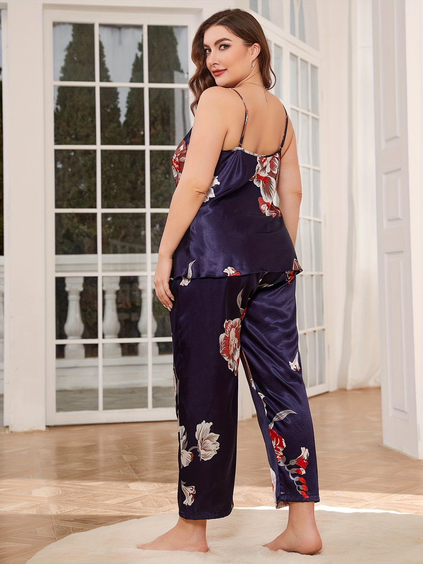  Floral Print Cowl Neck Cami Top & Pants Pajama Set