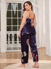  Floral Print Cowl Neck Cami Top & Pants Pajama Set