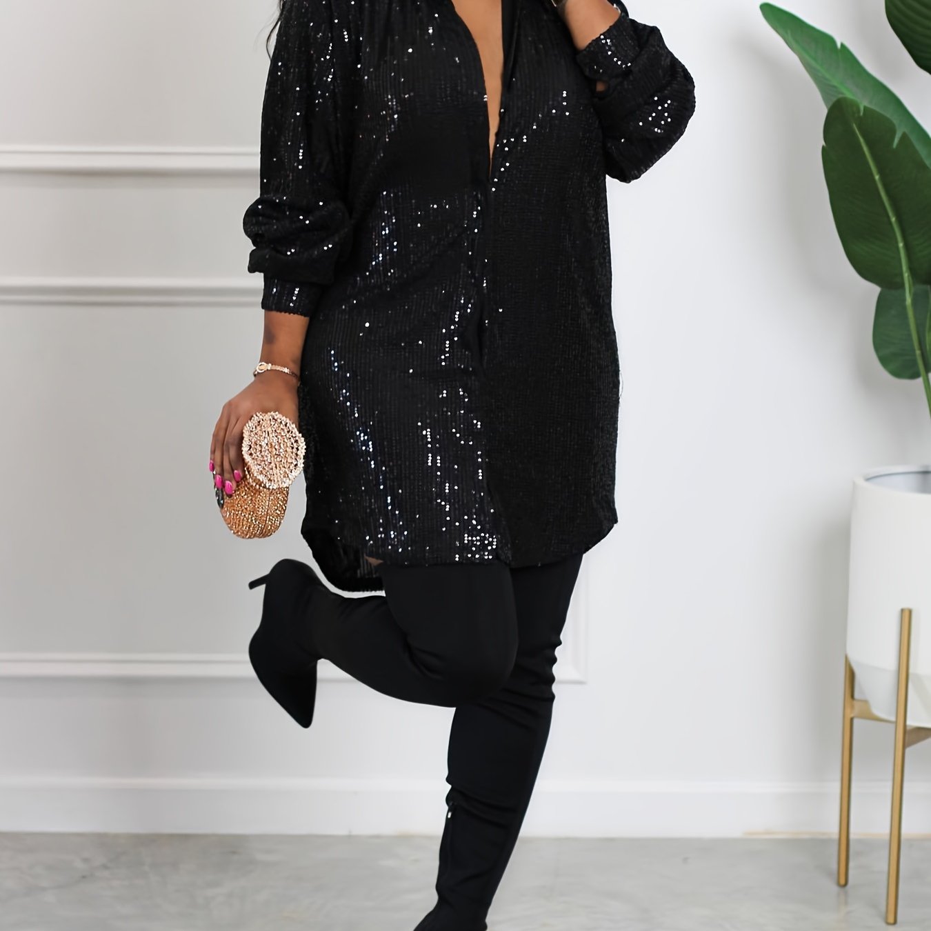  Sequin Long Sleeve Shirt Dress