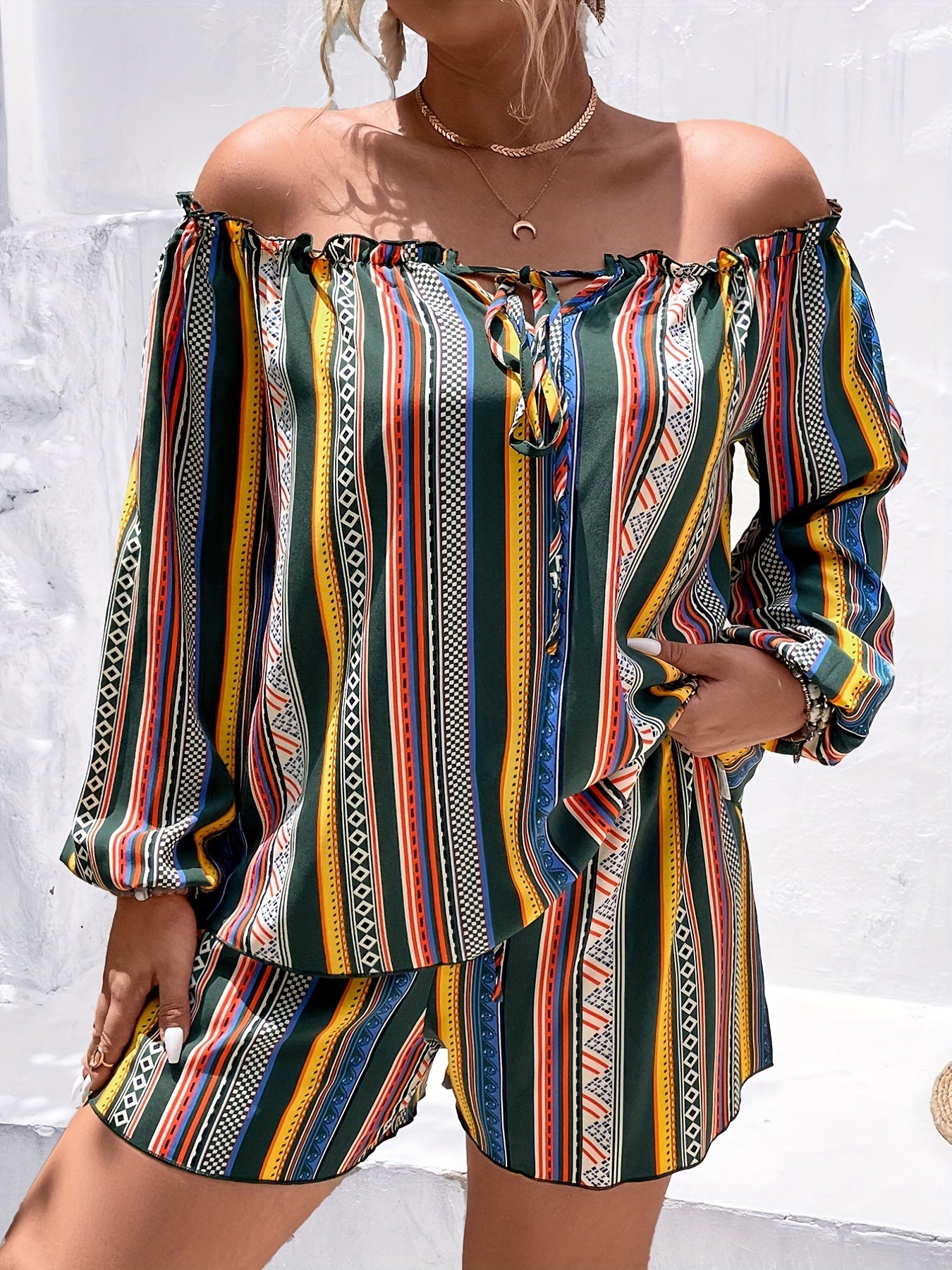  Colorful Stripe Print Ruffle Trim Top & Shorts Set