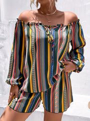  Colorful Stripe Print Ruffle Trim Top & Shorts Set