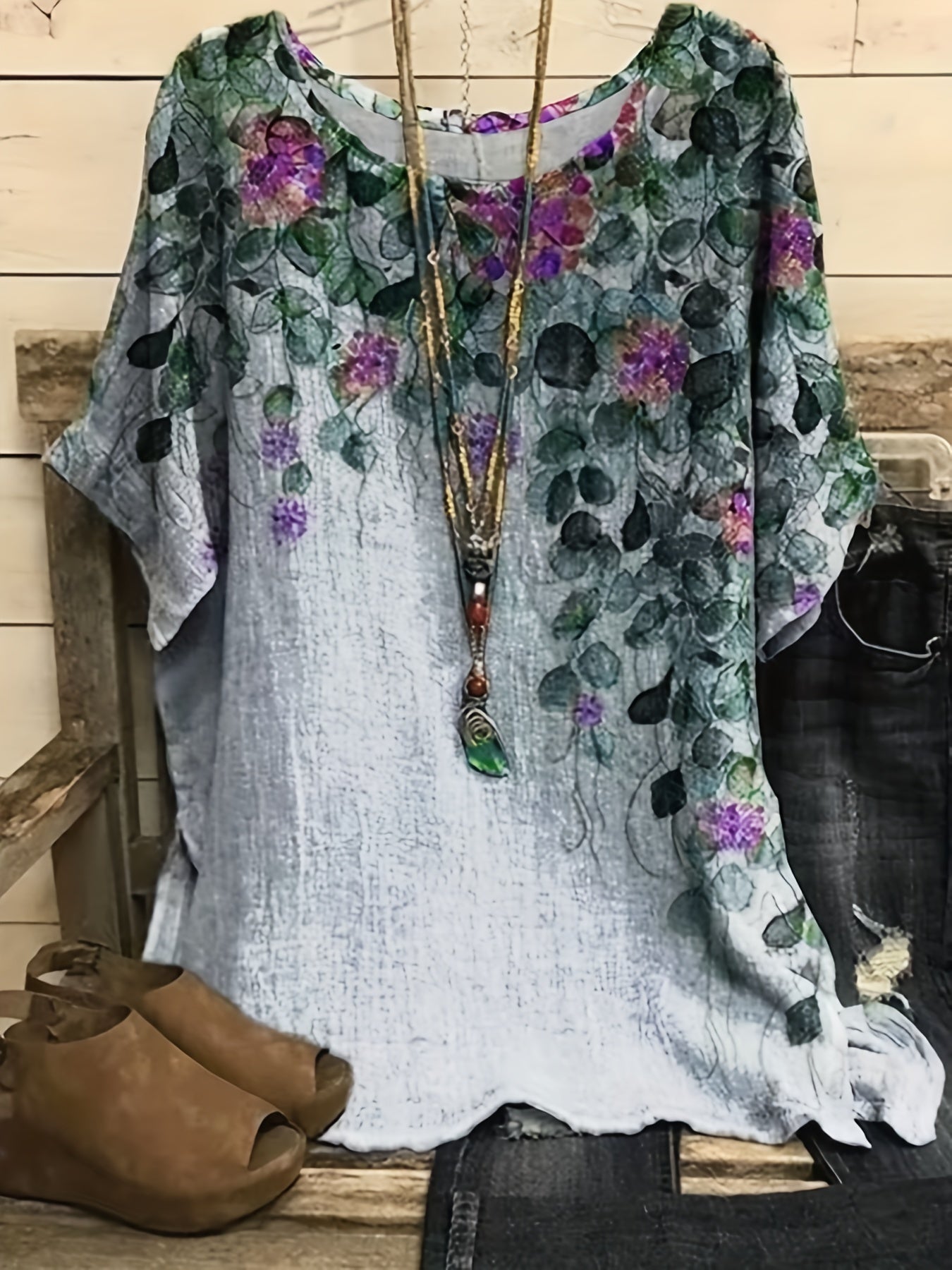  Floral Print Short Sleeve Round Neck Top