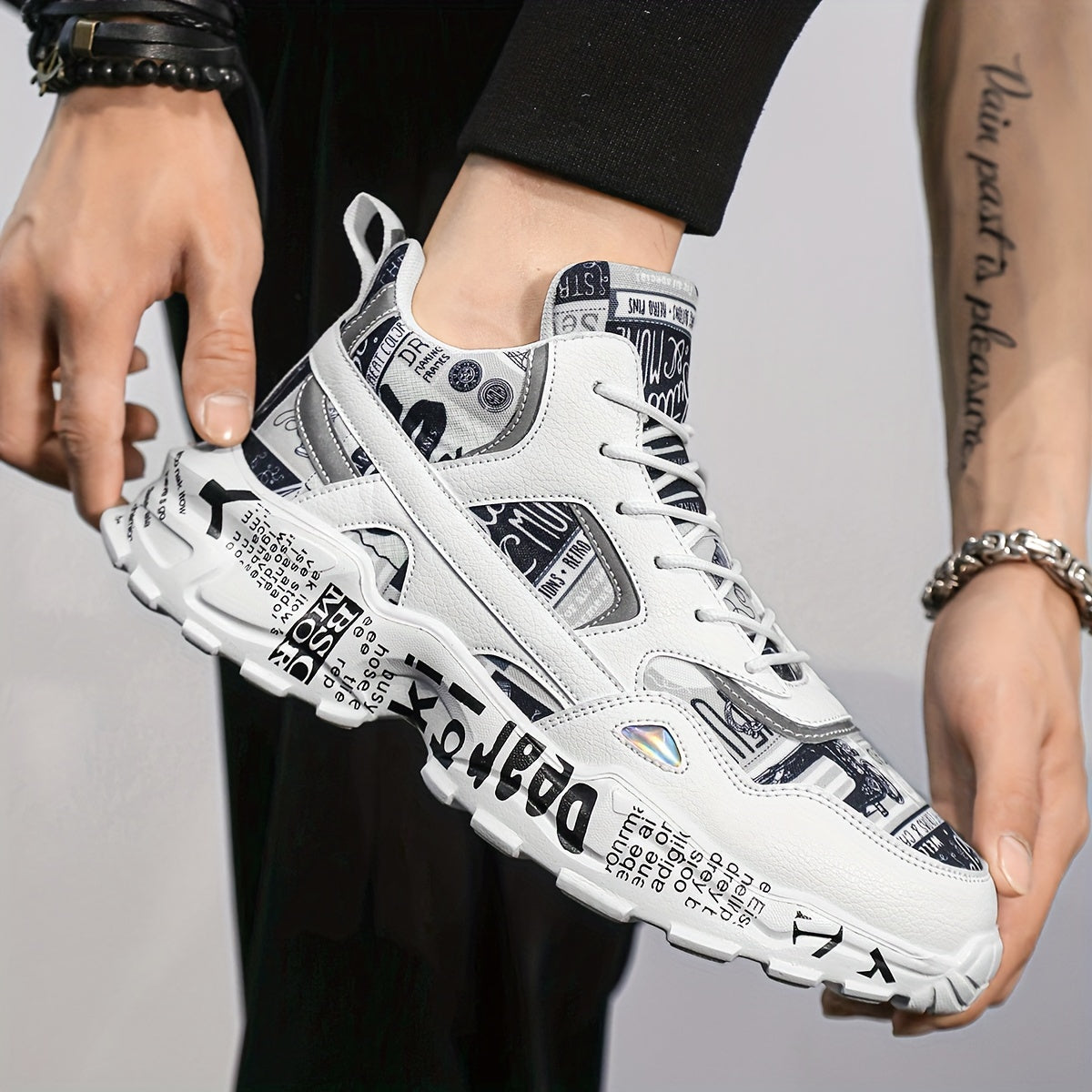 Graffiti Print Faux Leather Heighten Chunky Sneakers