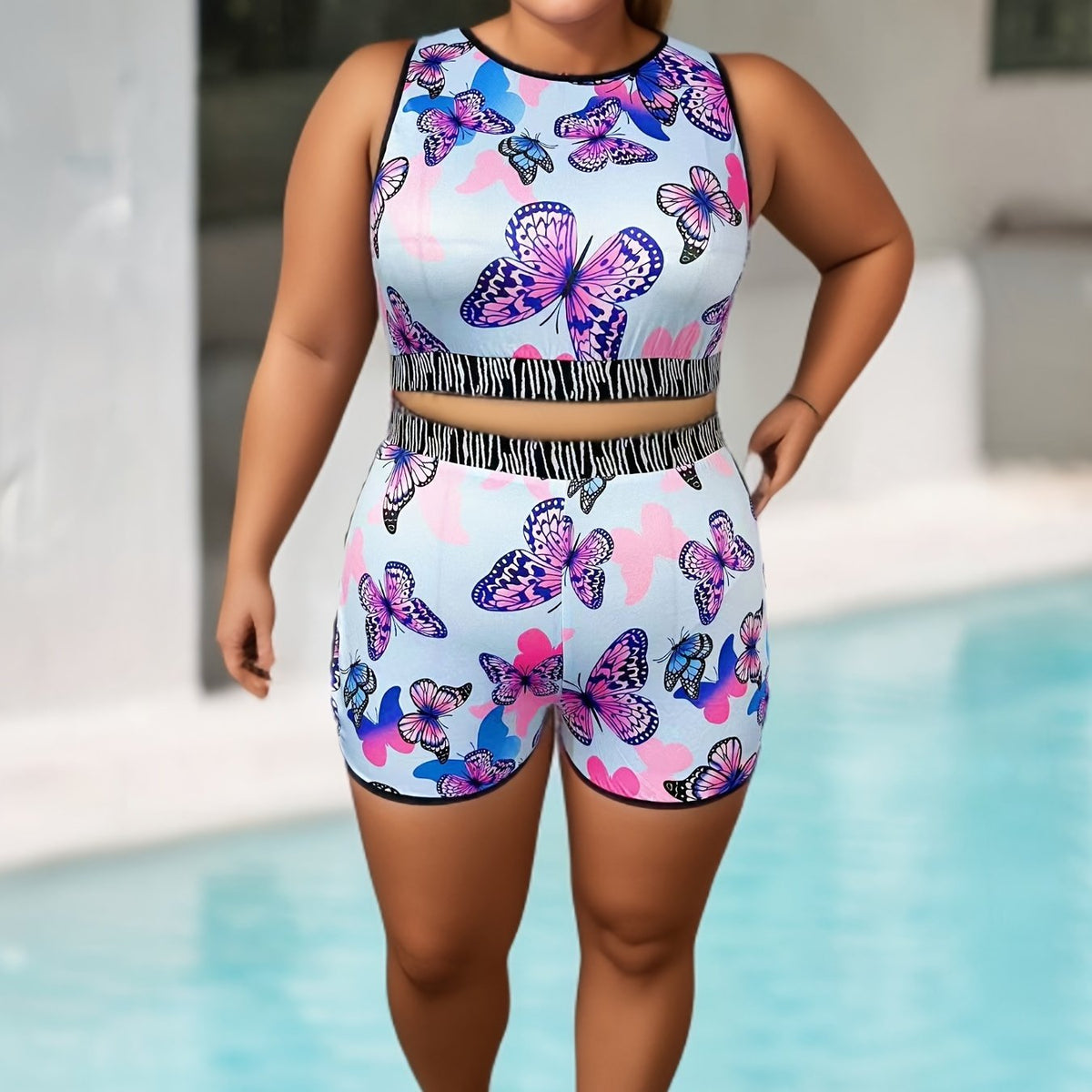  Butterfly Print Crop Tank Top & Shorts Yoga Outfit Set