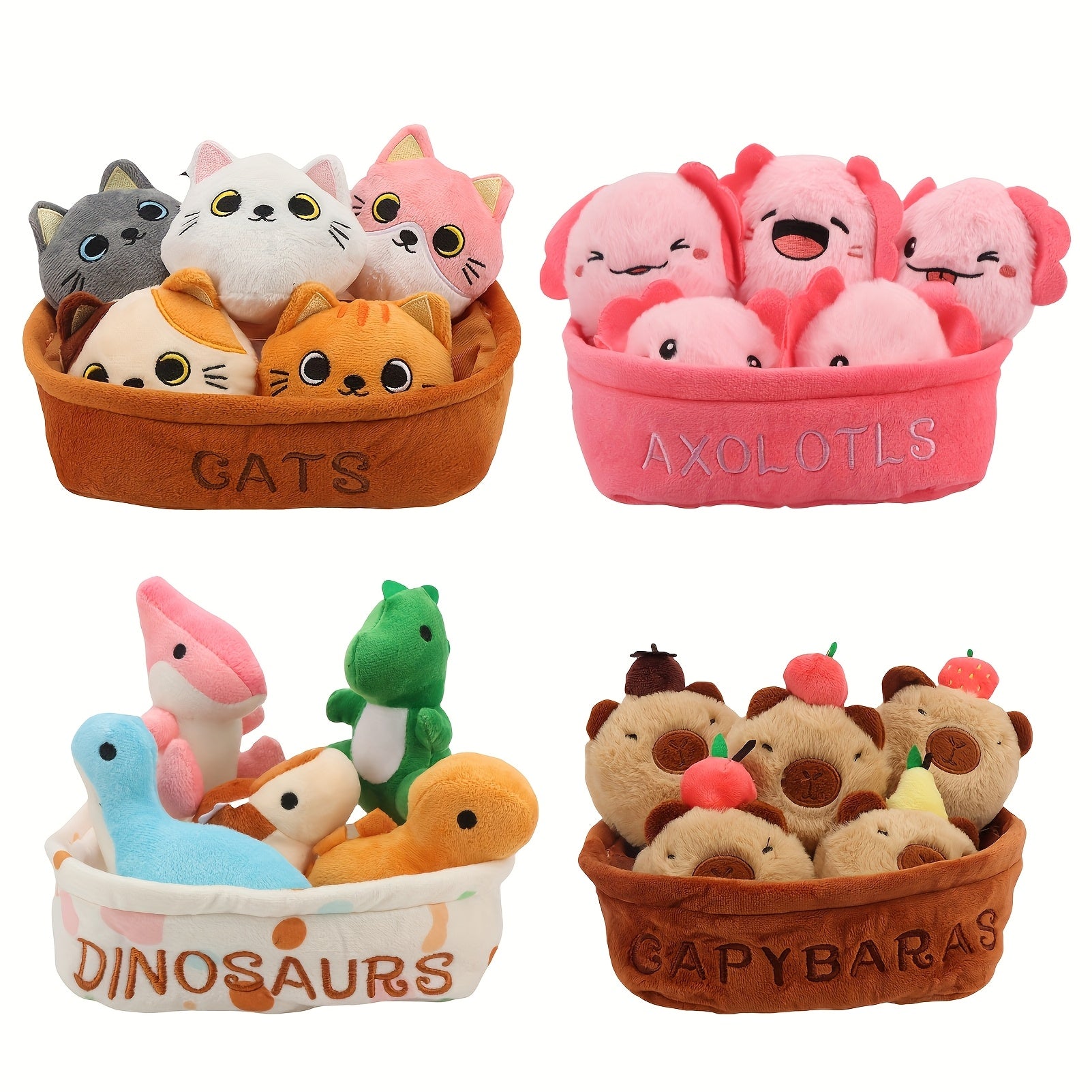 6pcs Whimsical Plush Toy Basket Set Capybara Cat Dinosaur Axolotl & Fruit