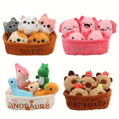 6pcs Whimsical Plush Toy Basket Set Capybara Cat Dinosaur Axolotl & Fruit