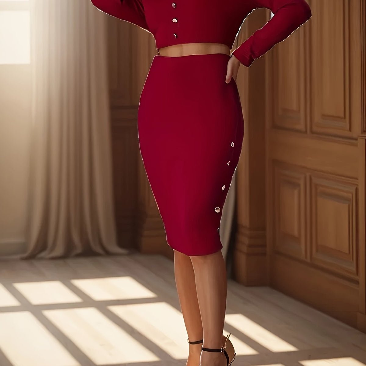  Sexy Button Decor V Neck Crop Top & Bodycon Skirt Set