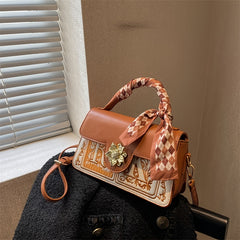Letter Embroidery Hand Bag Scarf & Metal Decor Flap Crossbody Purse