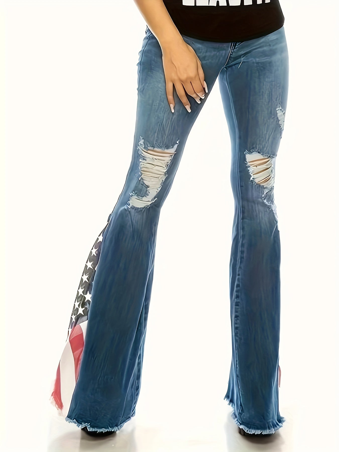 Plus Colorblock Flag Print Ripped High Stretch Flared Jeans