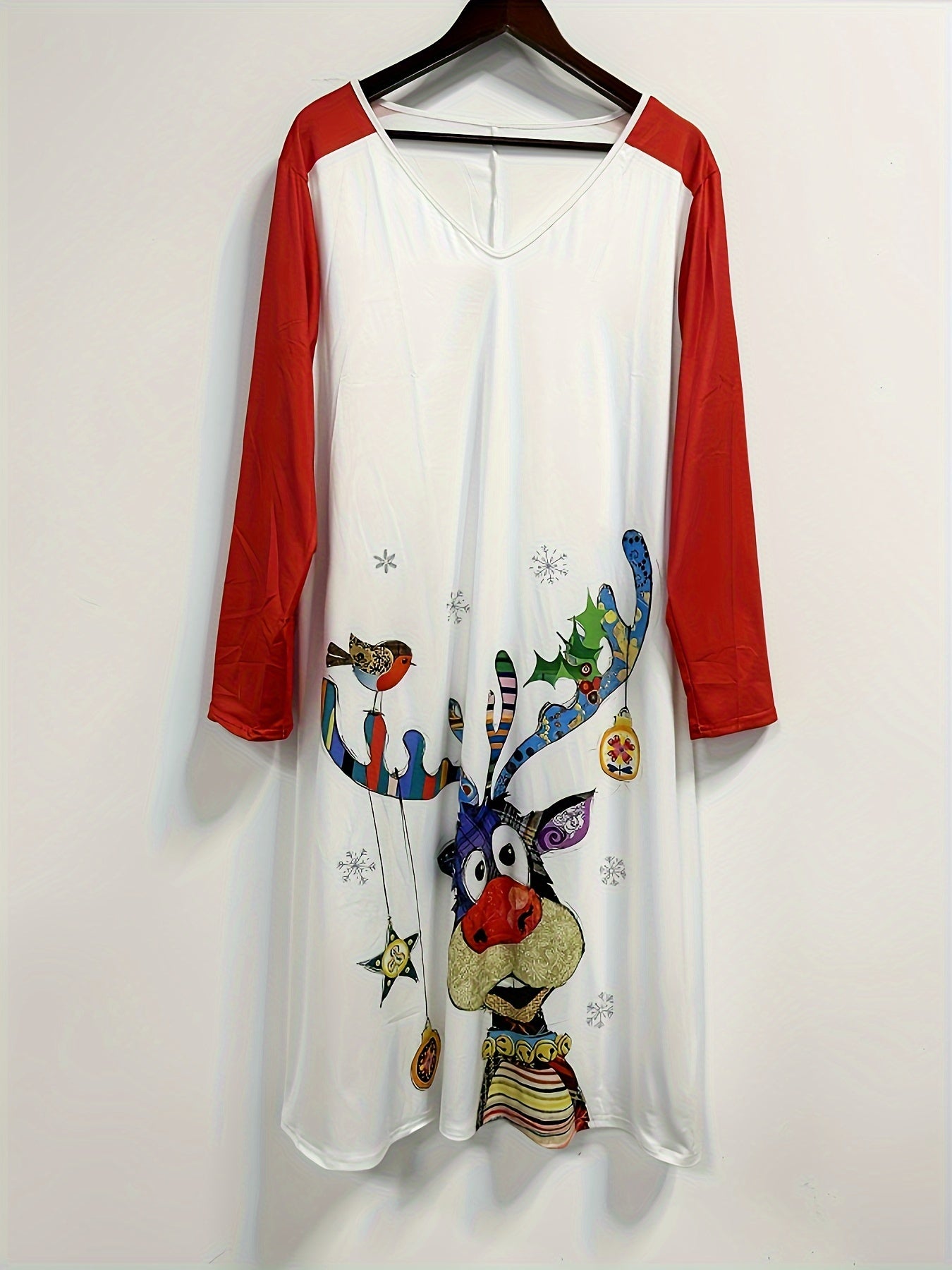  Colorblock Reindeer Print Long Sleeve V Neck Midi Dress