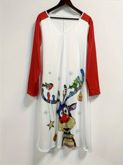  Colorblock Reindeer Print Long Sleeve V Neck Midi Dress