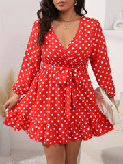  Polka Dot Lantern Sleeve Dress Ruffle Trim