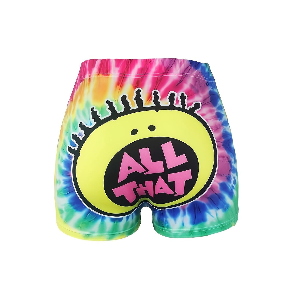  Cartoon Figure & Letter Print Tie Dye Medium Stretch Skinny Shorts
