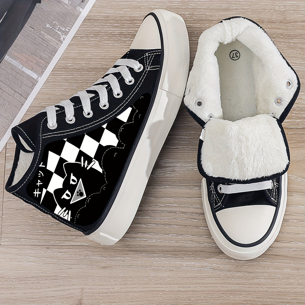 Cat Print Plush Lined Thermal Chunky Canvas Sneakers