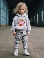 Winking Kitty Print Hoodies Pants Set For Kids Fall Sports