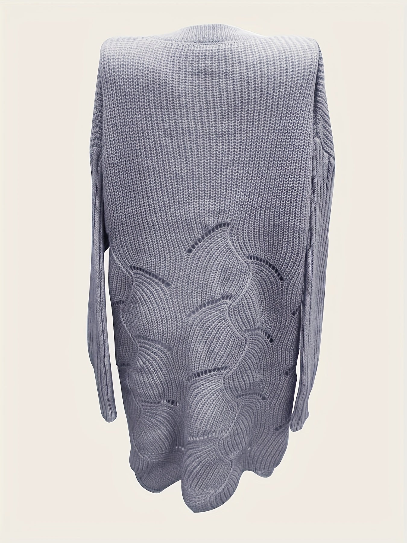  Solid Pointelle Long Sleeve Round Neck Sweater Dress