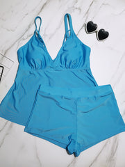  Tankini Set Women's Plus Solid V Neck Padded Cami Top & Boyshorts Swim