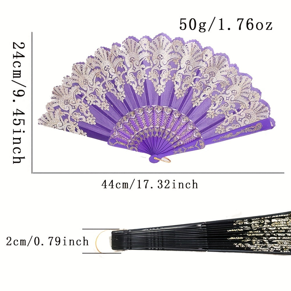 Chinese Folding Fan Lace Cloth Printing Flower Plastic Skeleton Hand Fan