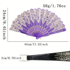 Chinese Folding Fan Lace Cloth Printing Flower Plastic Skeleton Hand Fan