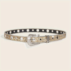 Glitter Rhinestone Belt Eyelet Pin Buckle PU Leather Belt
