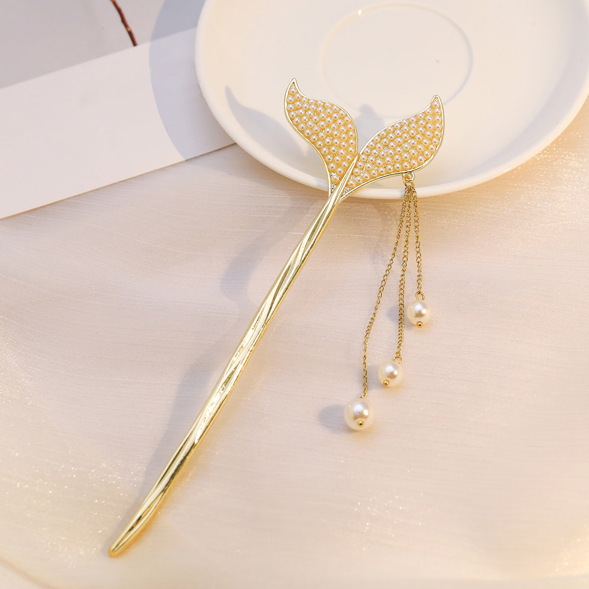 Fishtail Tassel Hair Pin Faux Pearl Rhinestone Golden Cheongsam Chignon Pins